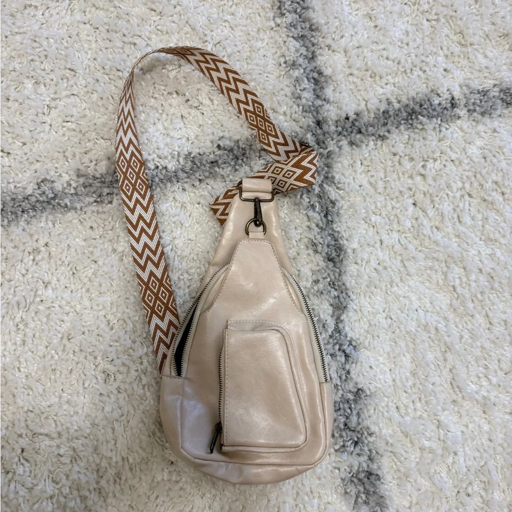 Cream Sling Bag with Patterned Strap